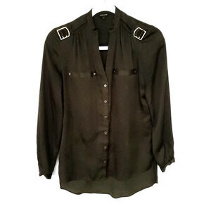 River Island Womens Button up Shirt Size 6 Dark Green/ Brown Long Sleeves Defect